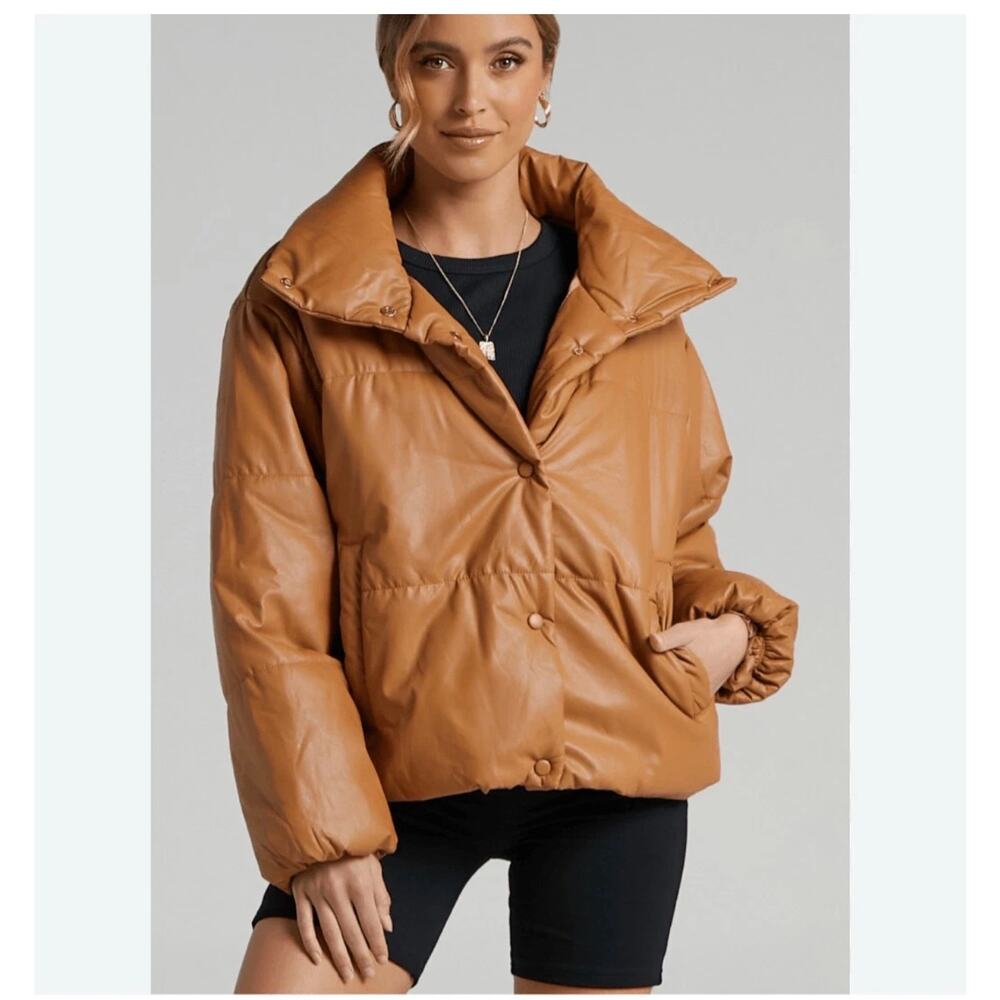 LIONESS Small Talk Puffer Jacket Tan Faux Vegan Leather Quilted Coat Sz M